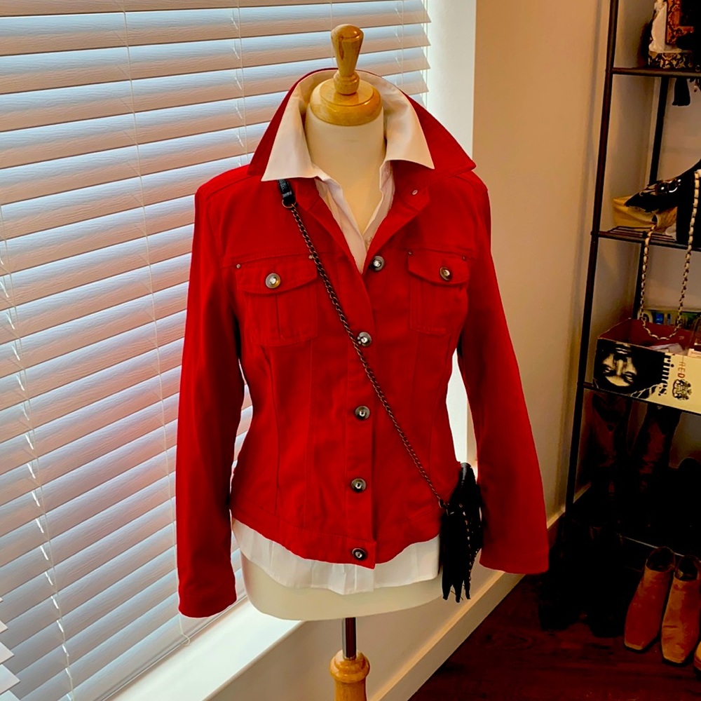 Vaccinia red denim jacket with crystal detailed buttons in size large